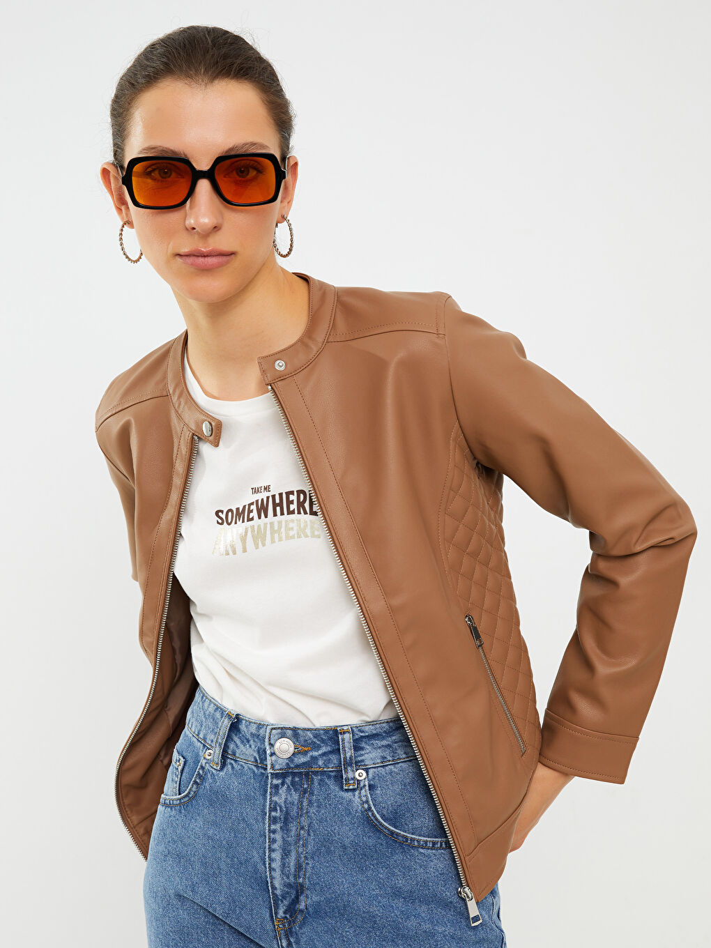 Veste en simili cuir à col rond, manches longues, coupe régulière pour femmes-3