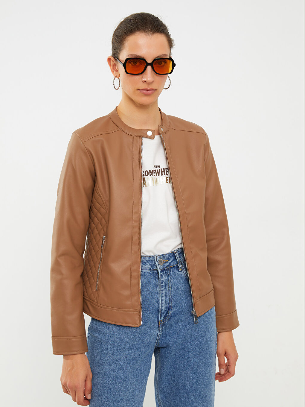 Veste en simili cuir à col rond, manches longues, coupe régulière pour femmes-4