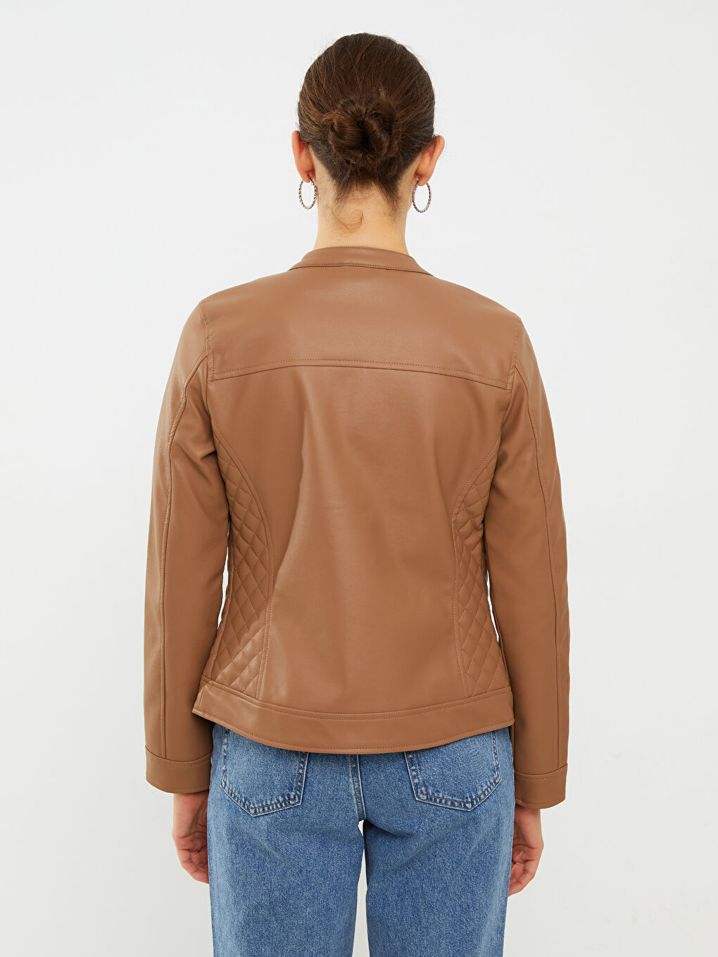 Veste en simili cuir à col rond, manches longues, coupe régulière pour femmes-6