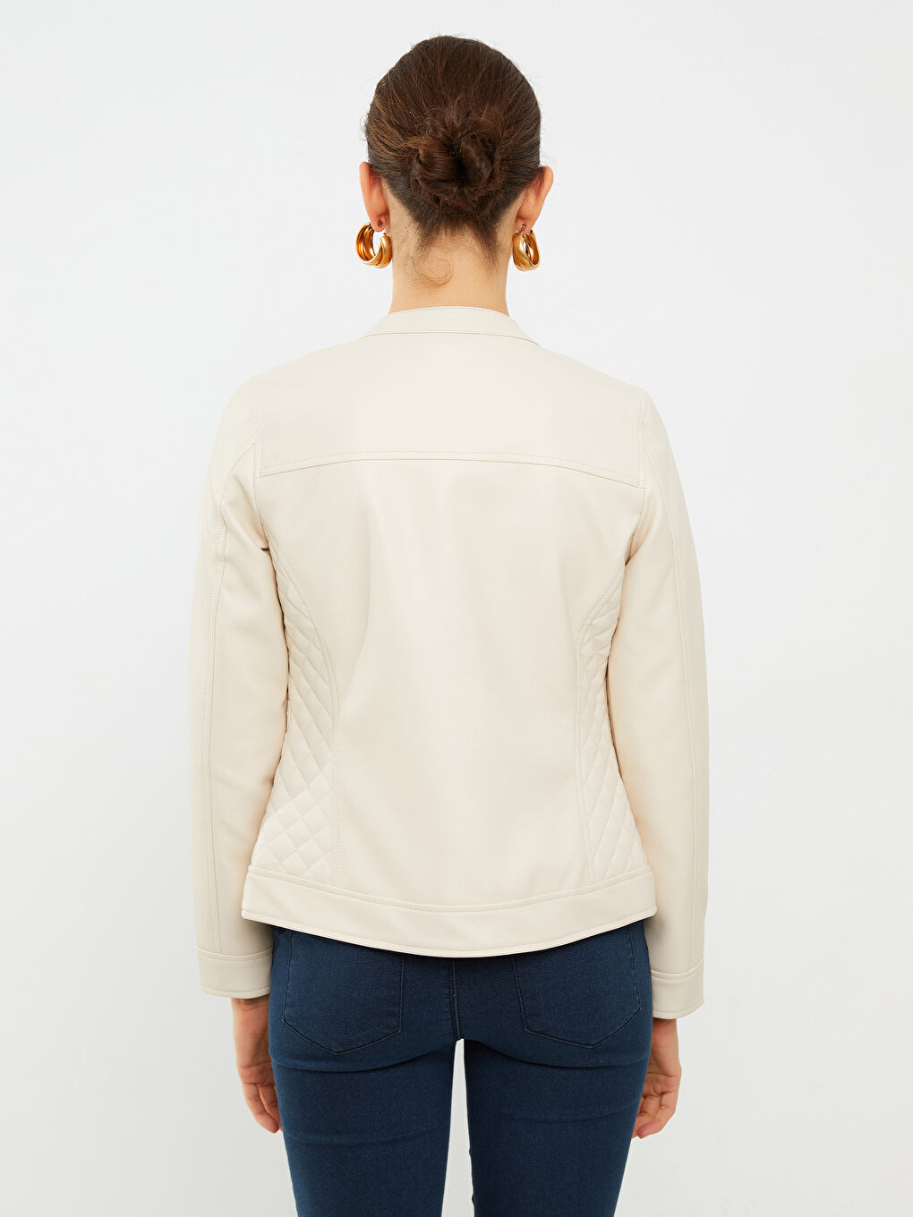 Bej Bisiklet Yaka Düz Uzun Kollu Kadın Deri Görünümlü Mont-6