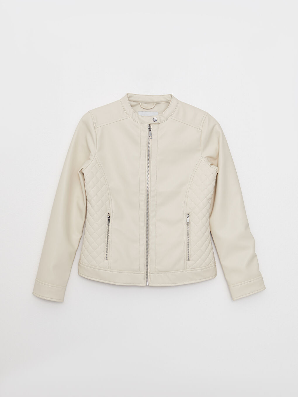 Bej Bisiklet Yaka Düz Uzun Kollu Kadın Deri Görünümlü Mont-7