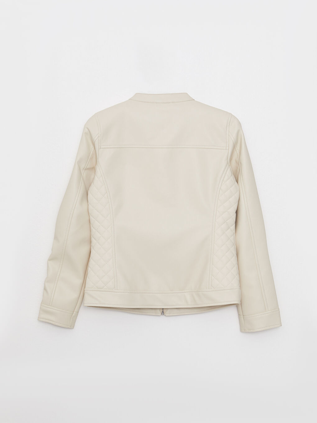 Bej Bisiklet Yaka Düz Uzun Kollu Kadın Deri Görünümlü Mont-8