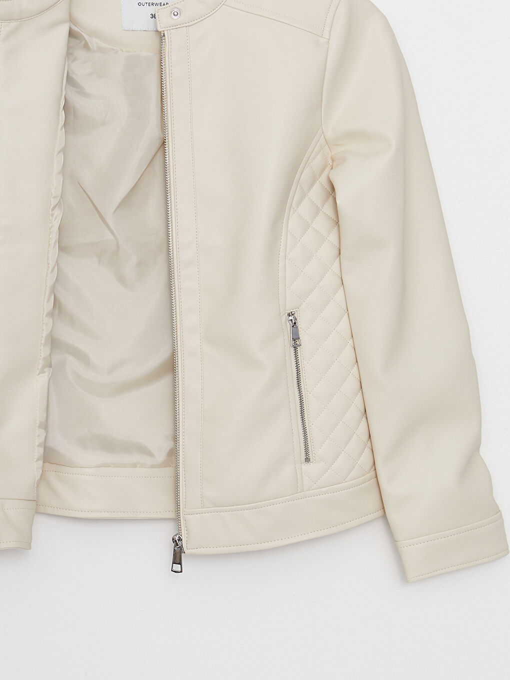 Bej Bisiklet Yaka Düz Uzun Kollu Kadın Deri Görünümlü Mont-9