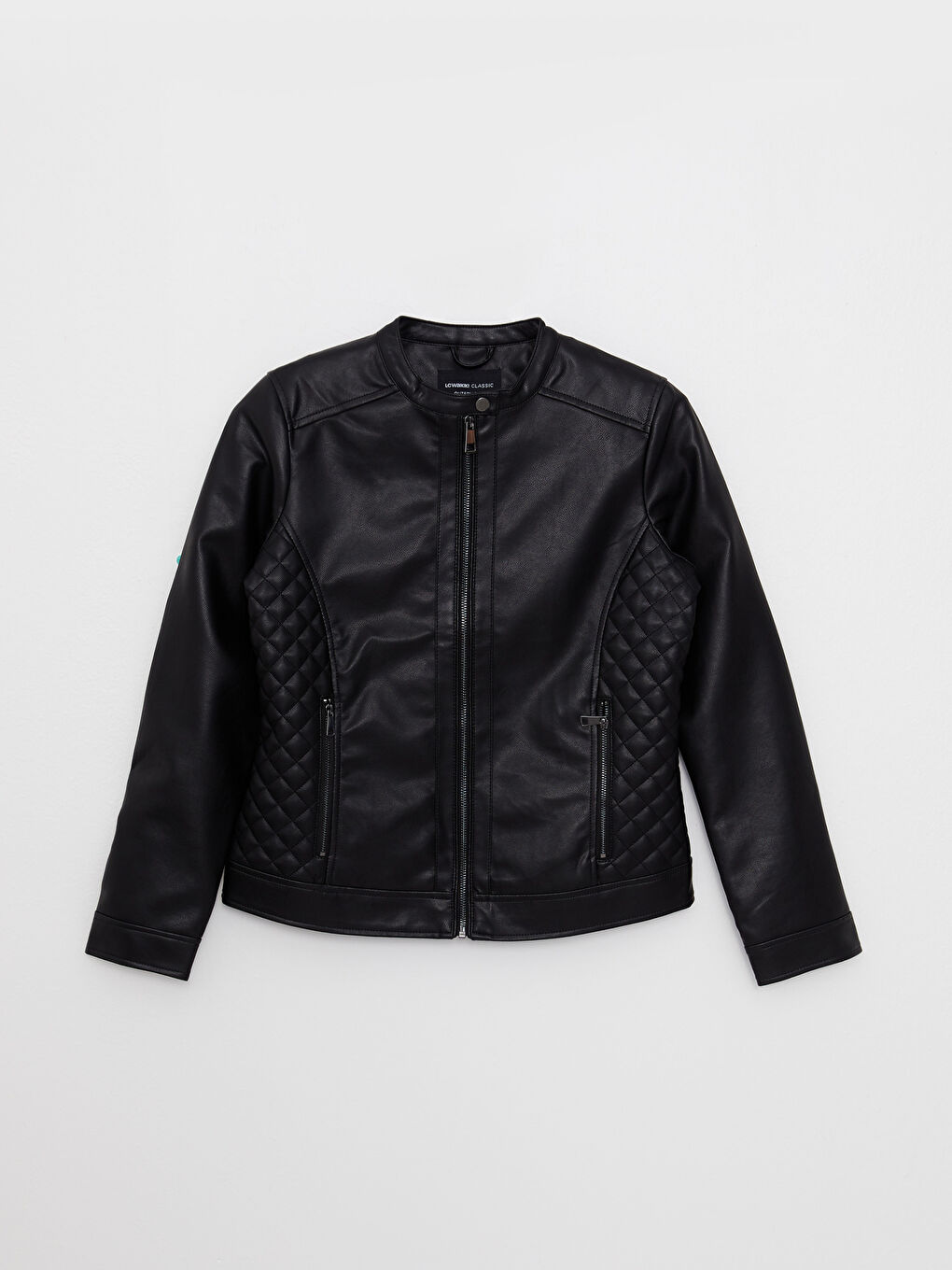 Siyah Bisiklet Yaka Düz Uzun Kollu Kadın Deri Görünümlü Mont-7