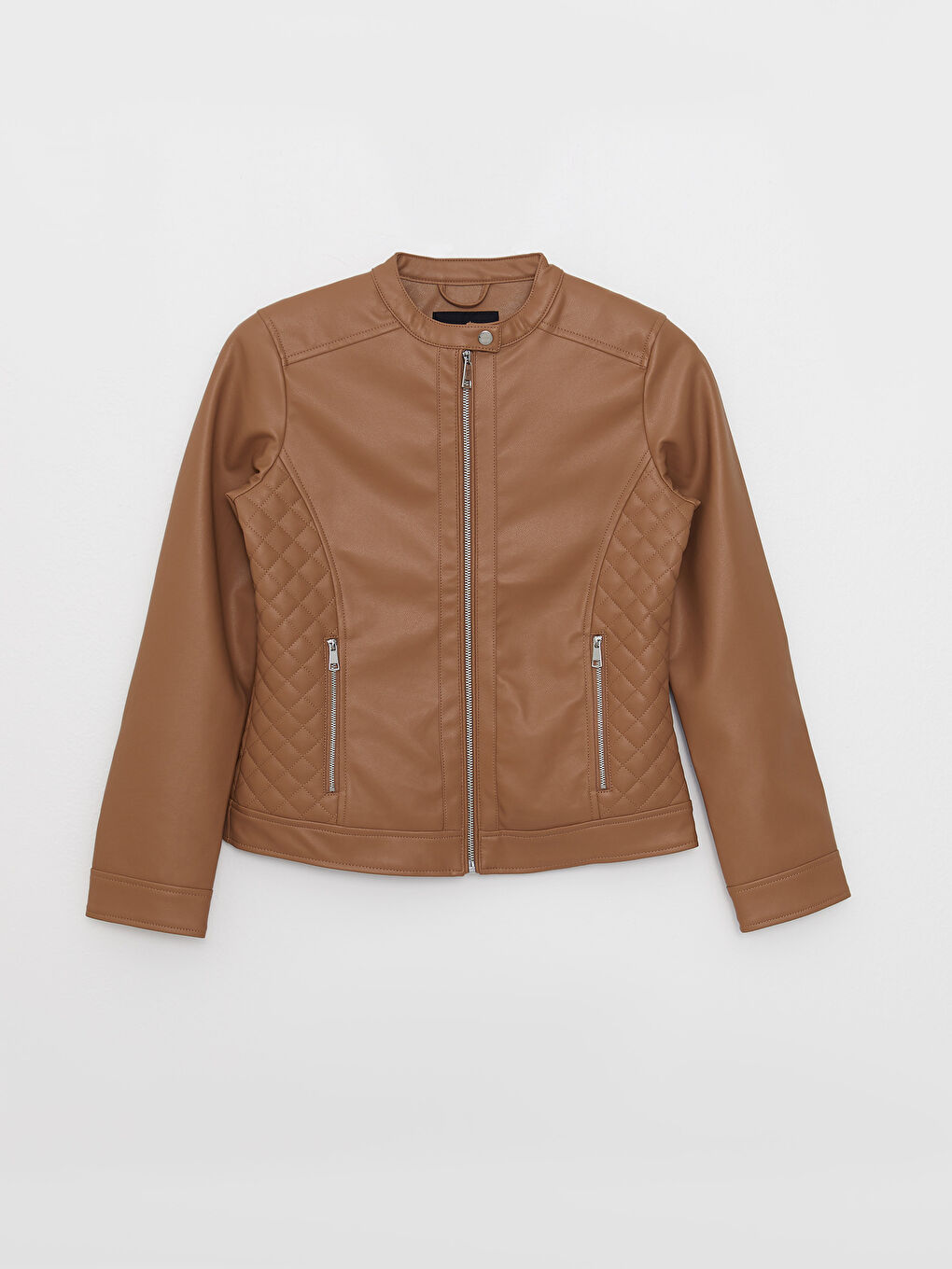 Veste en simili cuir à col rond, manches longues, coupe régulière pour femmes-7