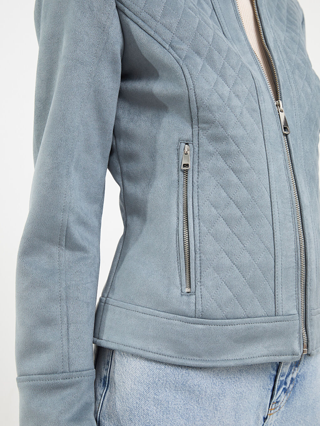 Stand Up Collar Quilted Long Sleeve Women's Leather Look Coat-3