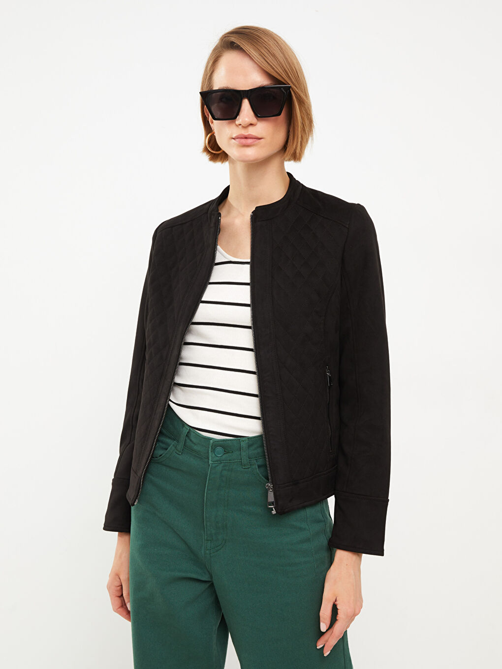 Stand Up Collar Quilted Long Sleeve Women's Leather Look Coat