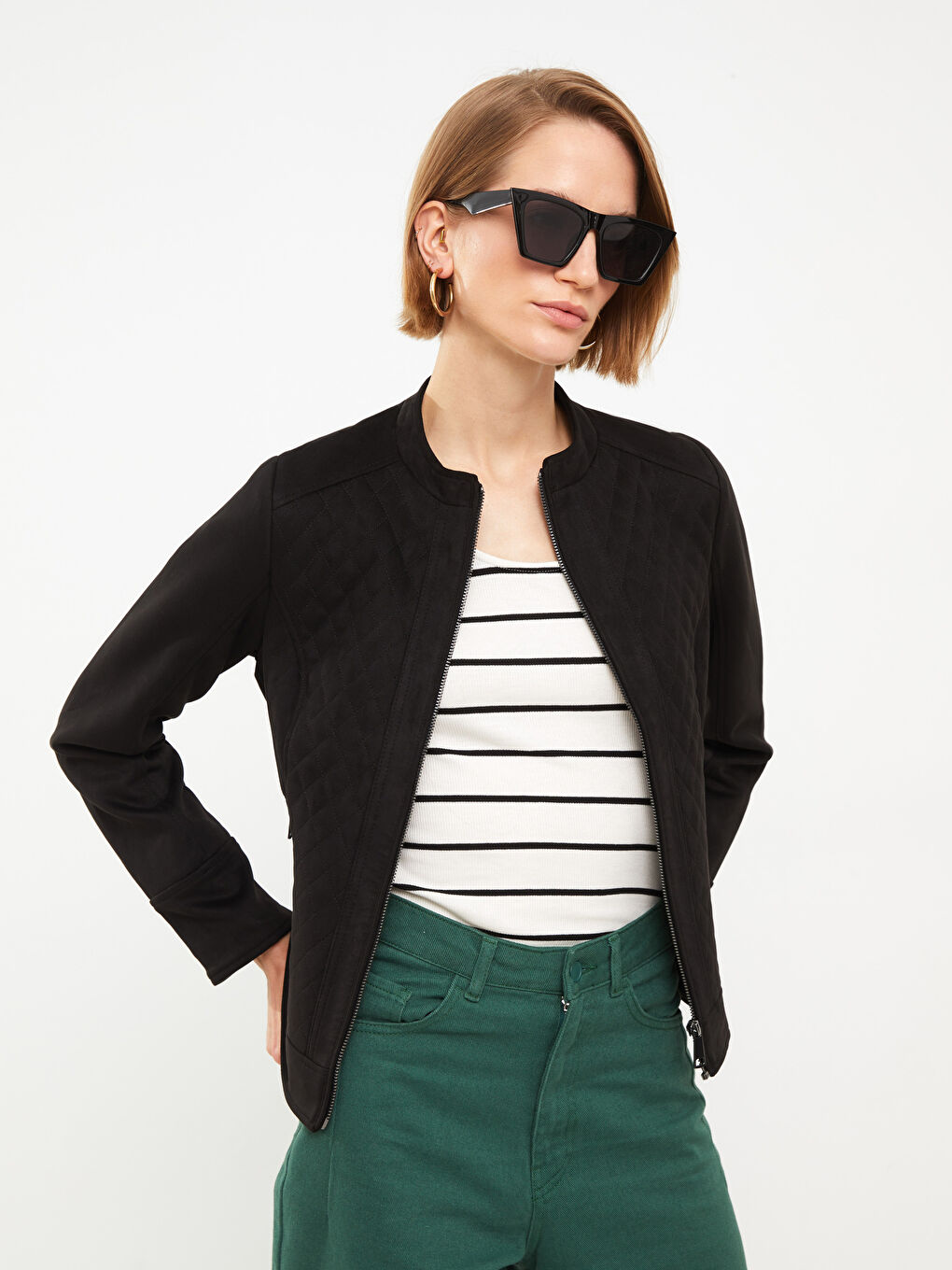 Stand Up Collar Quilted Long Sleeve Women's Leather Look Coat-1