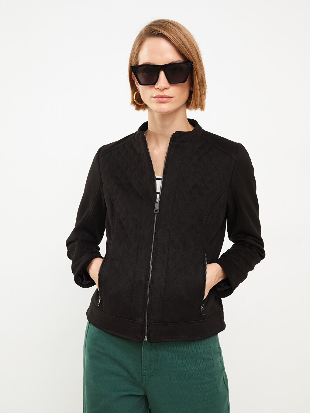 Stand Up Collar Quilted Long Sleeve Women's Leather Look Coat-2