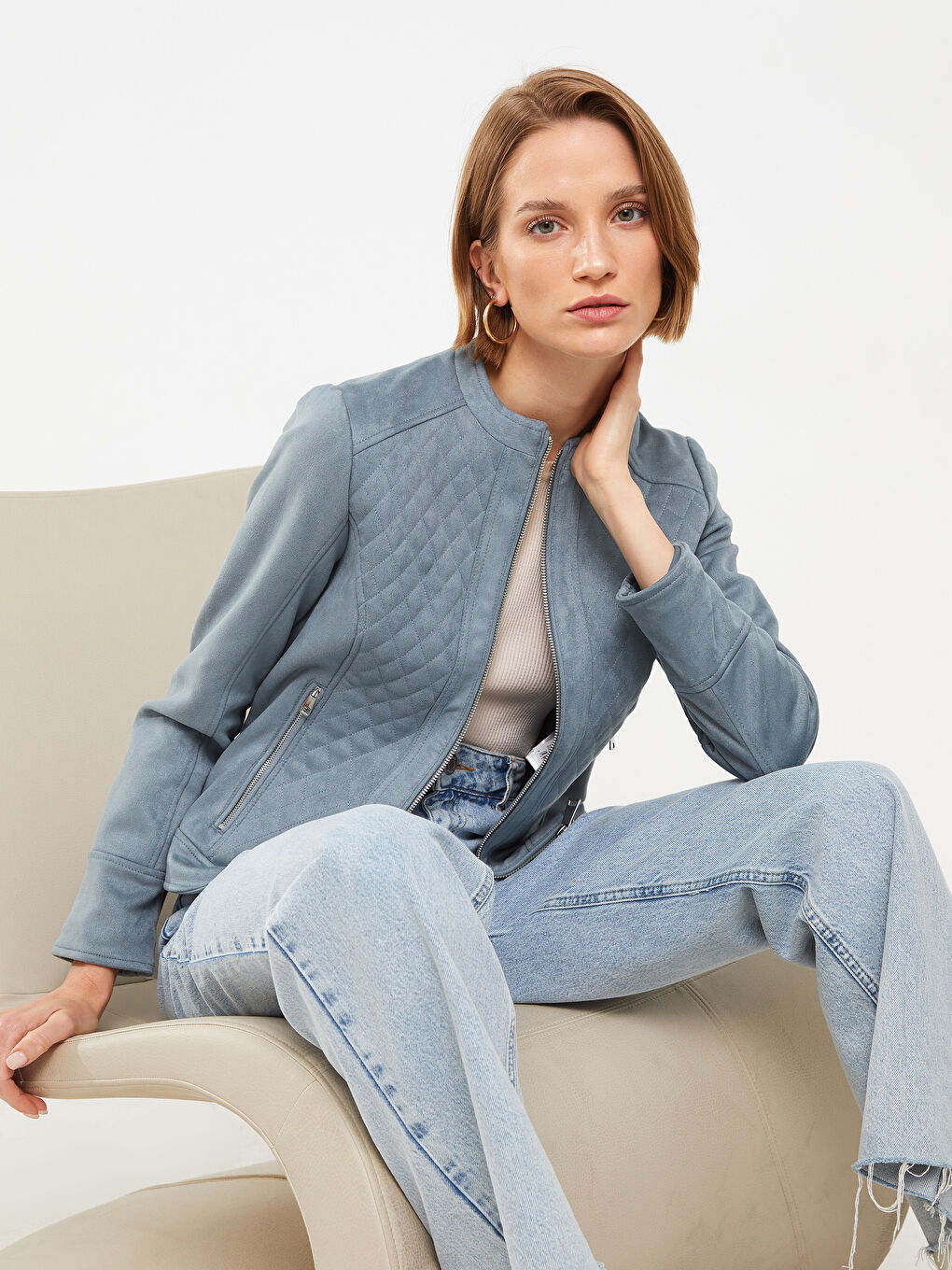 Stand Up Collar Quilted Long Sleeve Women's Leather Look Coat