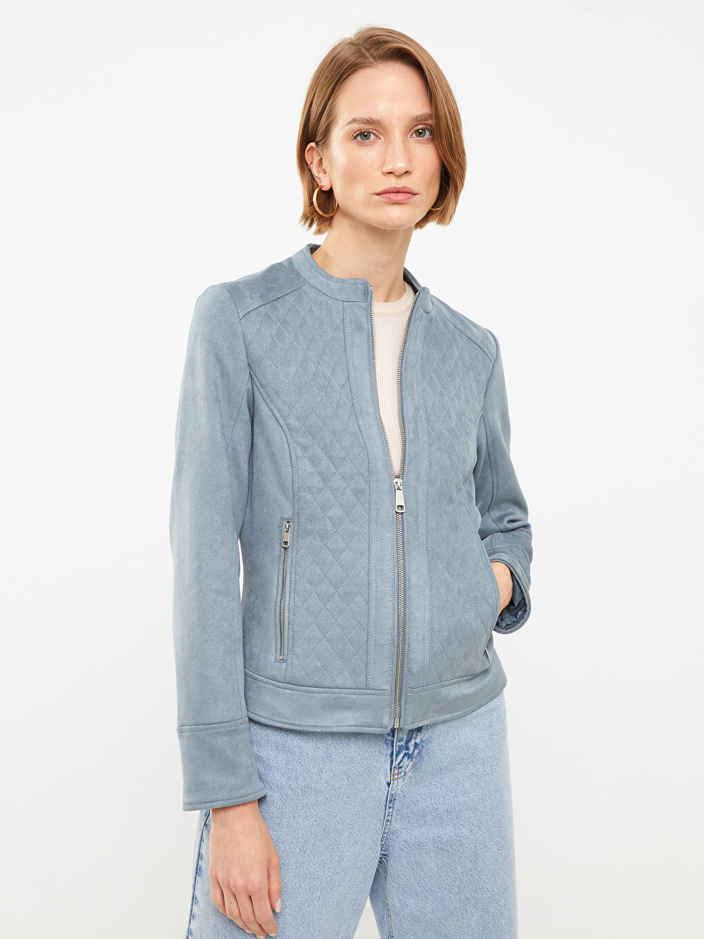 Stand Up Collar Quilted Long Sleeve Women's Leather Look Coat-1