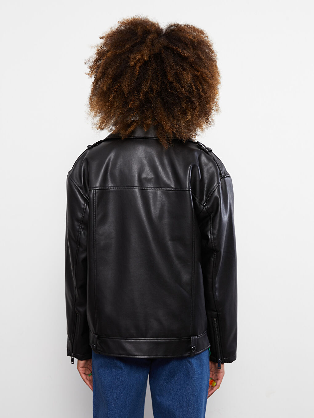 Siyah Kadın Biker Yaka Düz Deri Görünümlü Mont-4