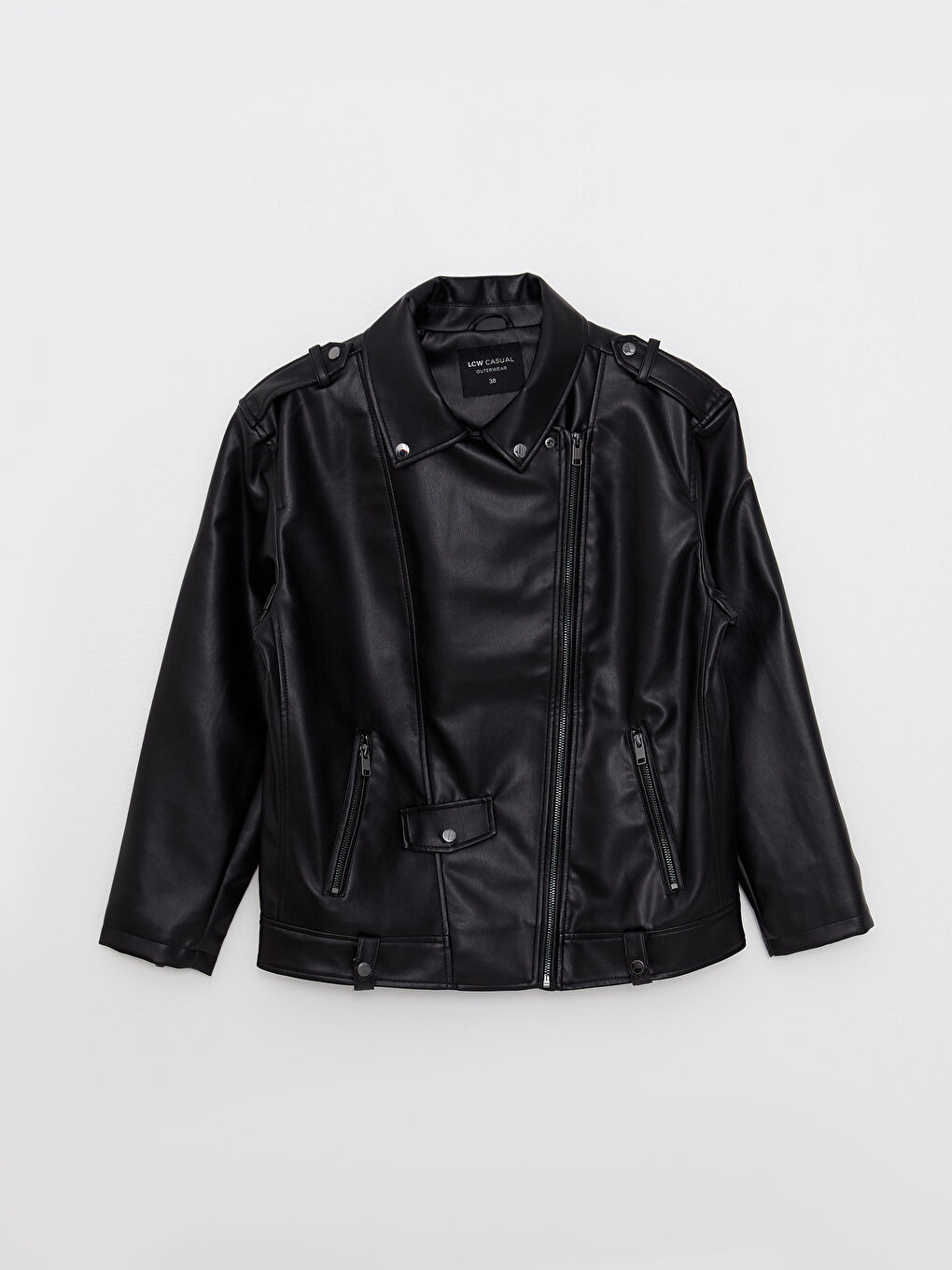 Siyah Kadın Biker Yaka Düz Deri Görünümlü Mont-5