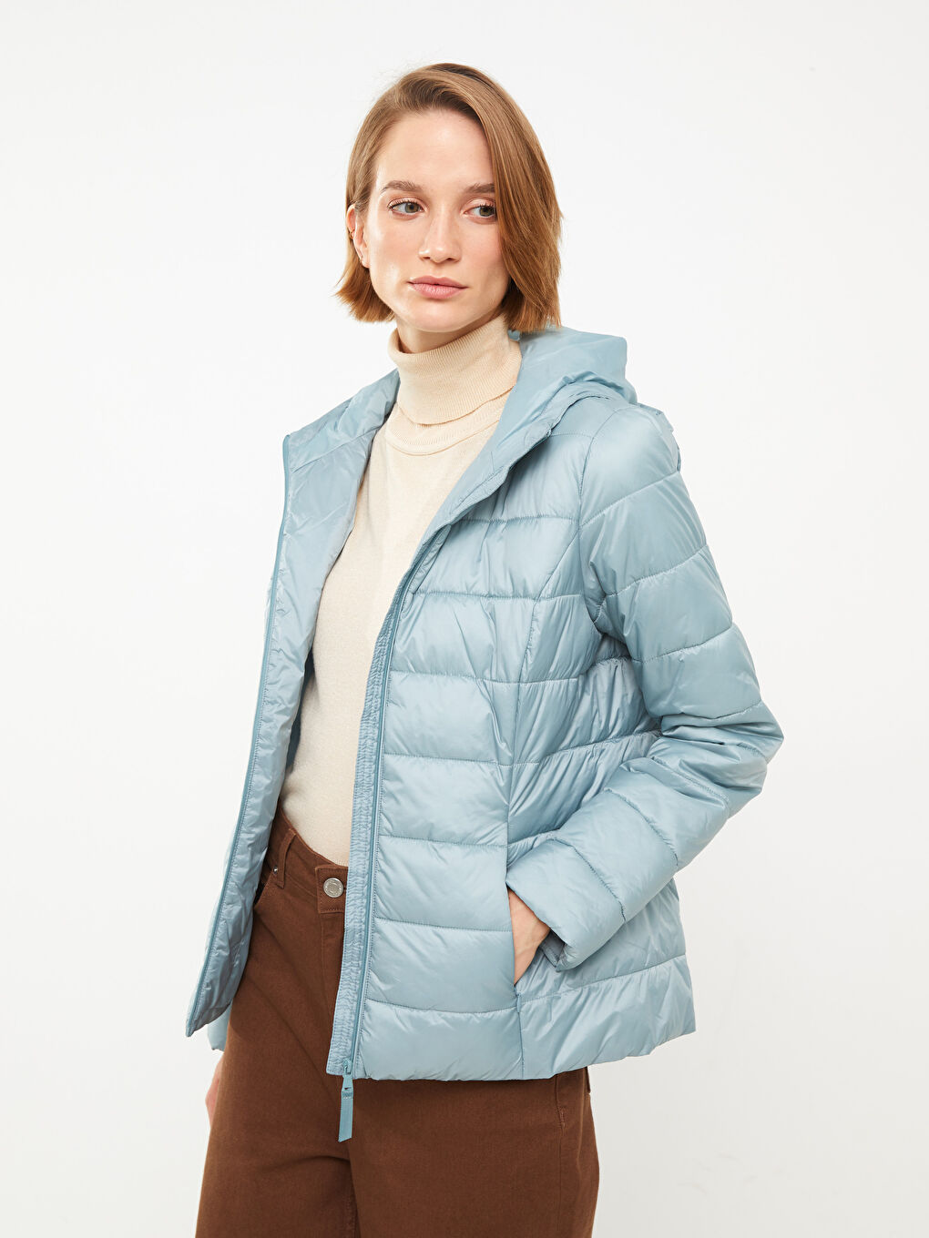 Women's Hooded Plain Puffer Coat-2