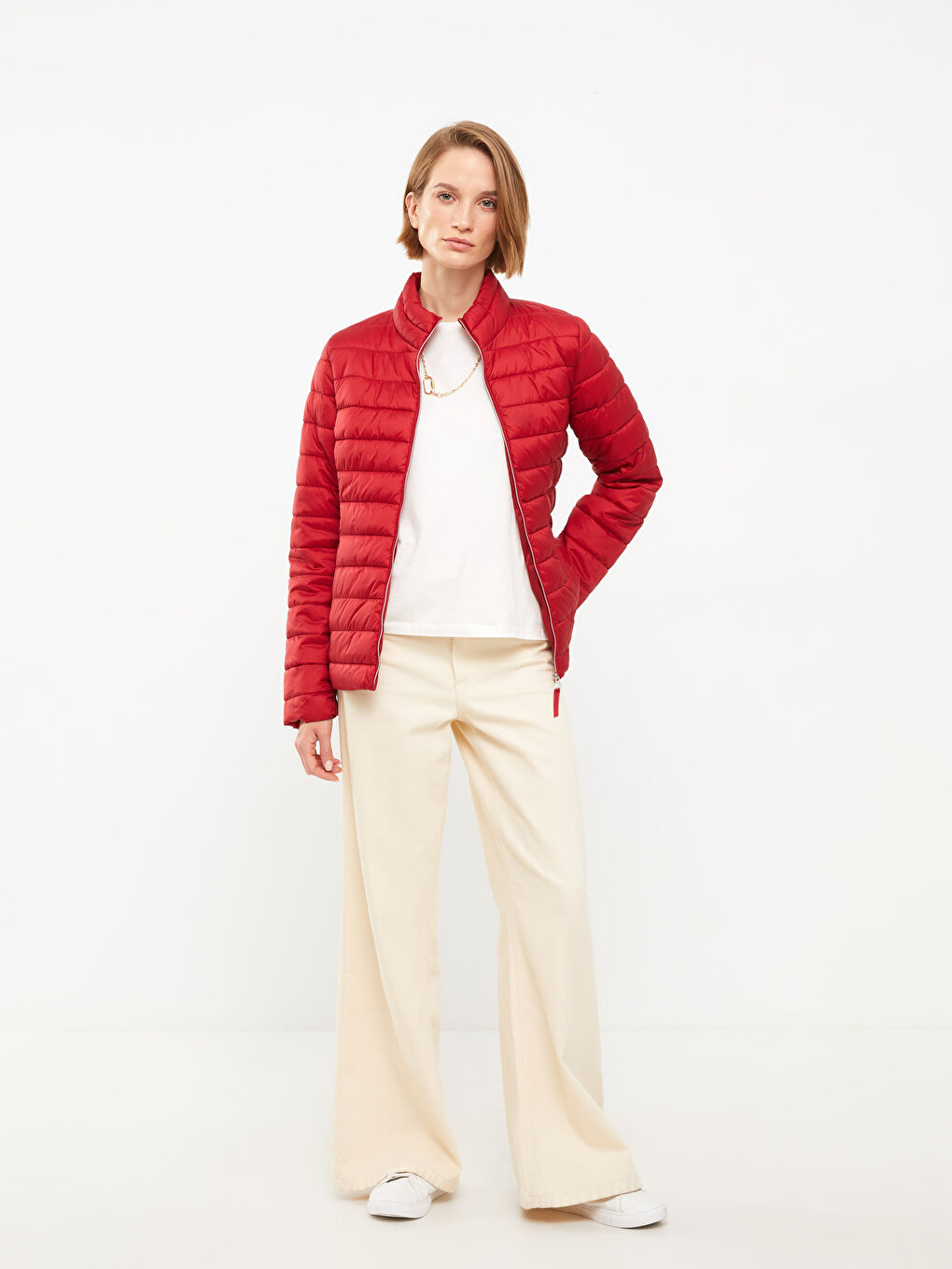 Әйелдерге арналған биік жағалы стандартты ұзын жең пуховик пальто-2