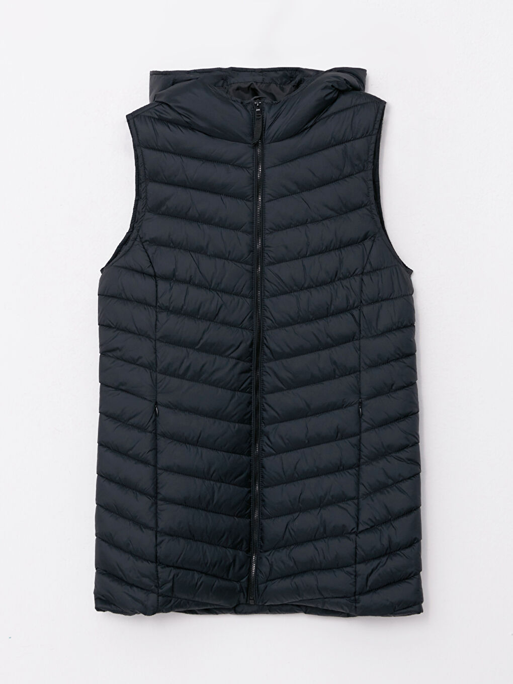 Siyah Kadın Kapüşonlu Düz Şişme Yelek-6