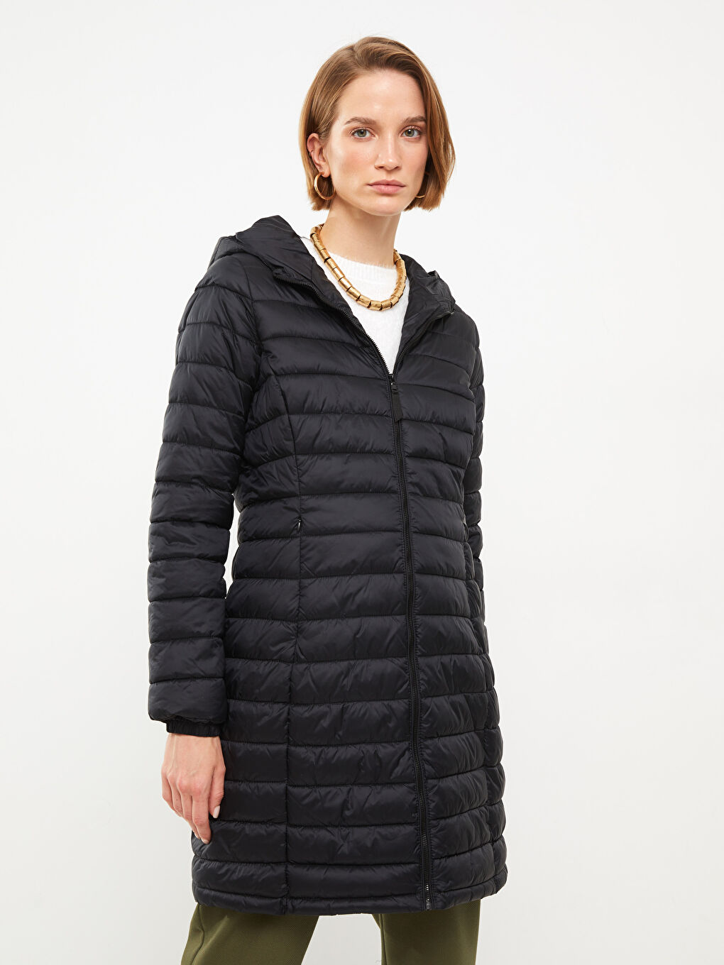 Women's Hooded Plain Puffer Coat-2