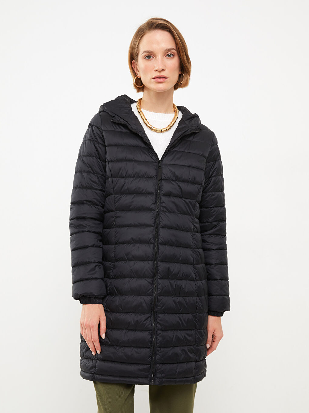 Women's Hooded Plain Puffer Coat-3