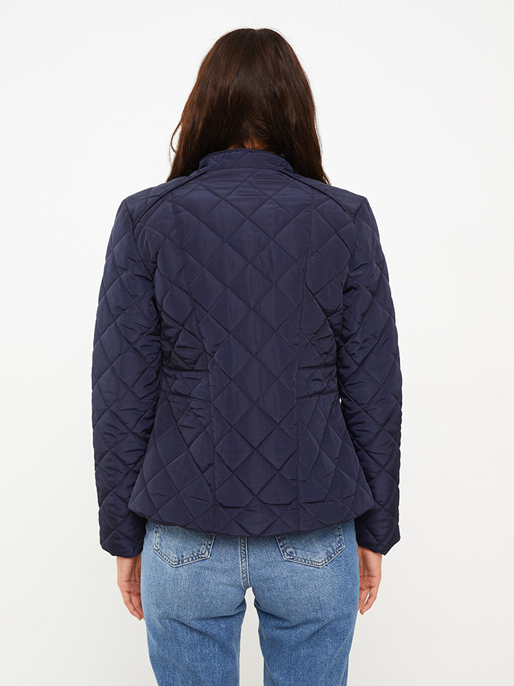 Lacivert Dik Yaka Kapitone Desenli Uzun Kollu Kadın Şişme Mont-5