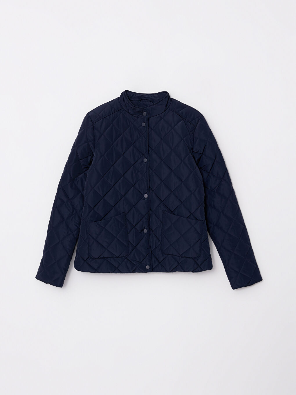 Lacivert Dik Yaka Kapitone Desenli Uzun Kollu Kadın Şişme Mont-6