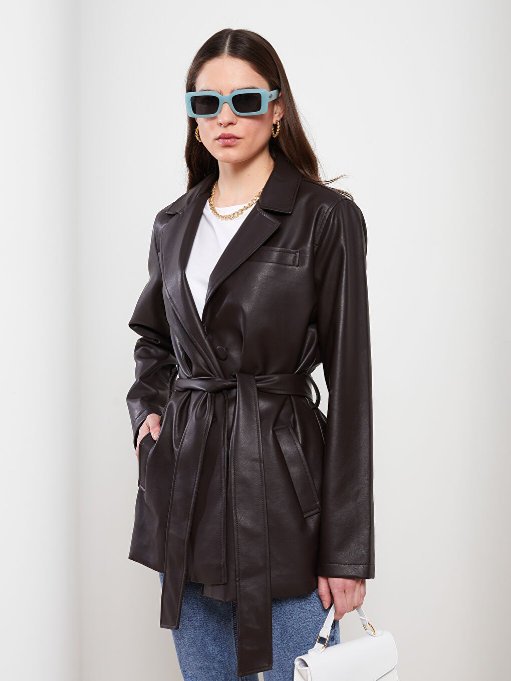 Jacket Neck Women's Faux Leather Coat