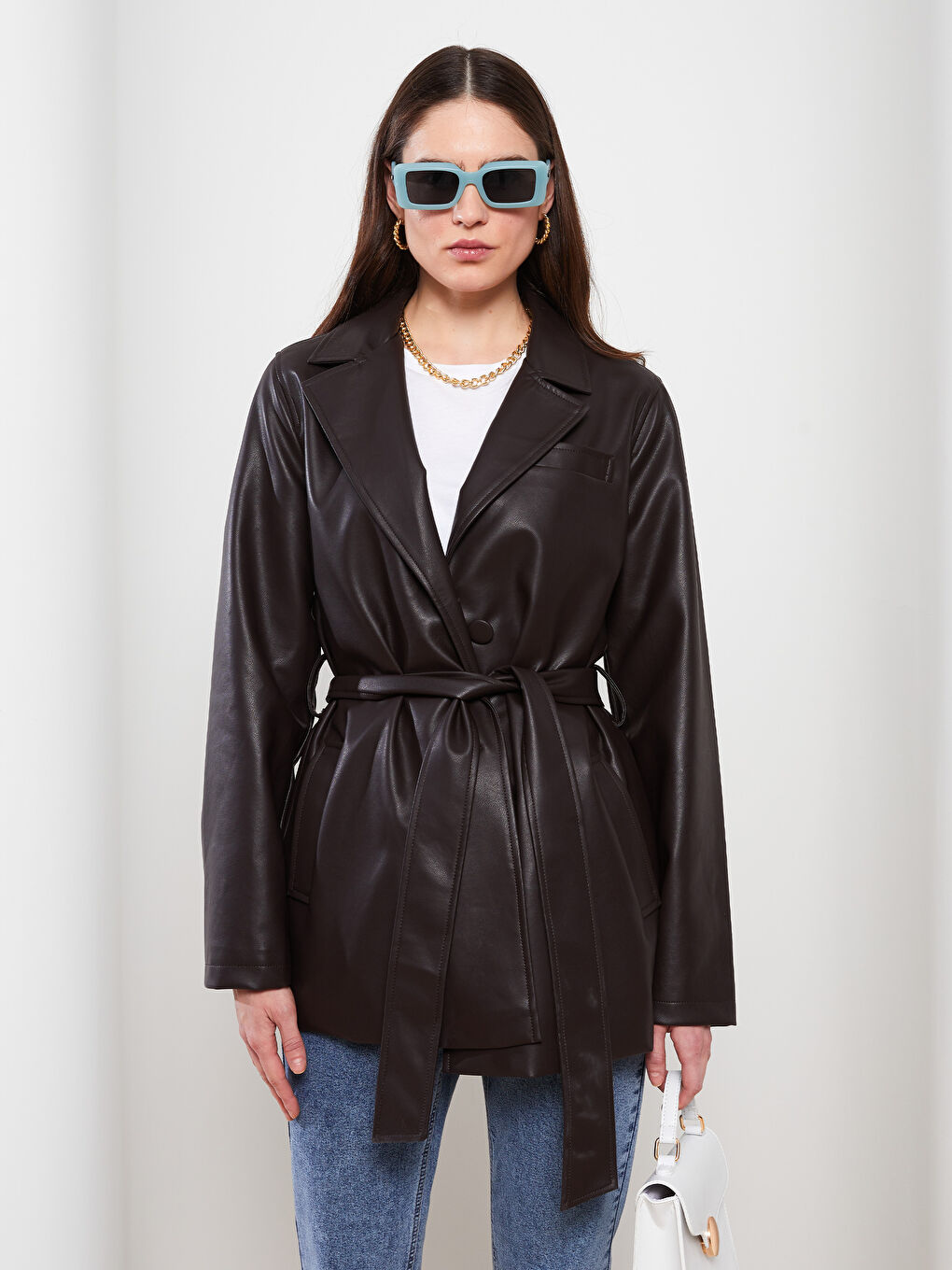 Jacket Neck Women's Faux Leather Coat-1