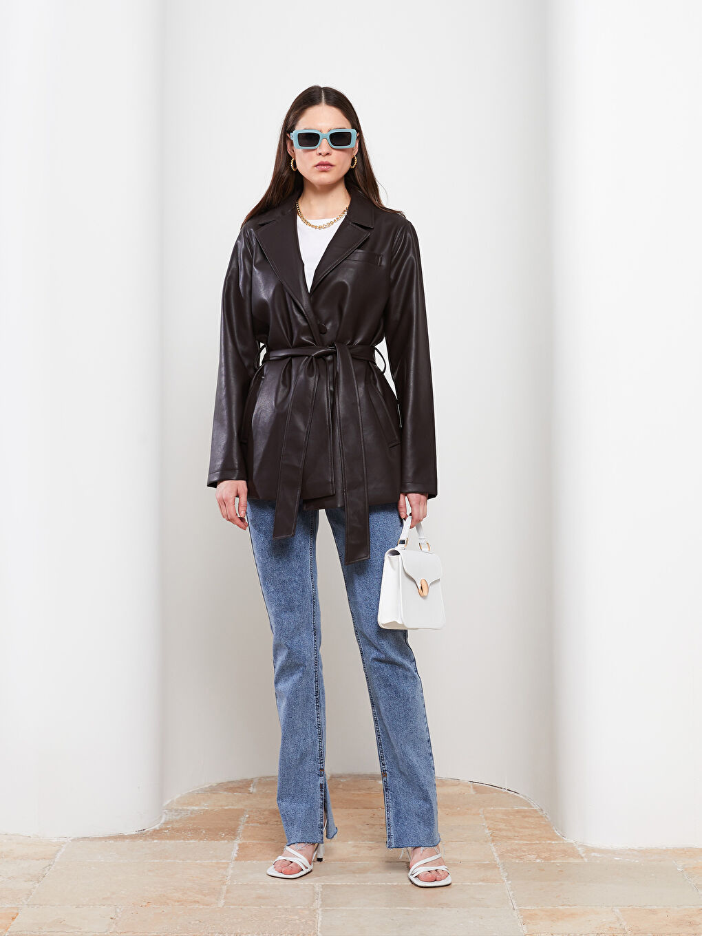 Jacket Neck Women's Faux Leather Coat-2