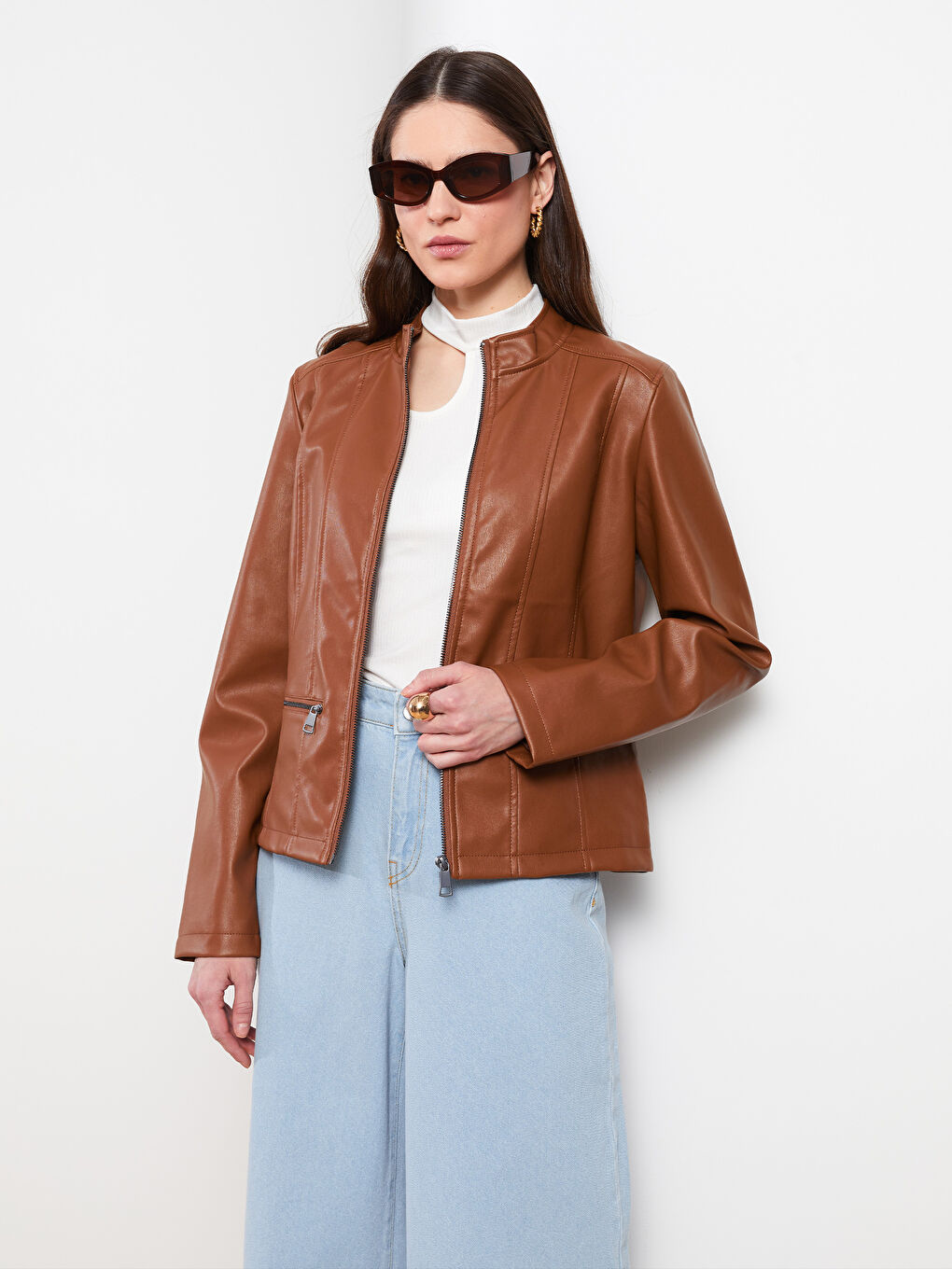 Funnel Neck Women's Faux Leather Coat