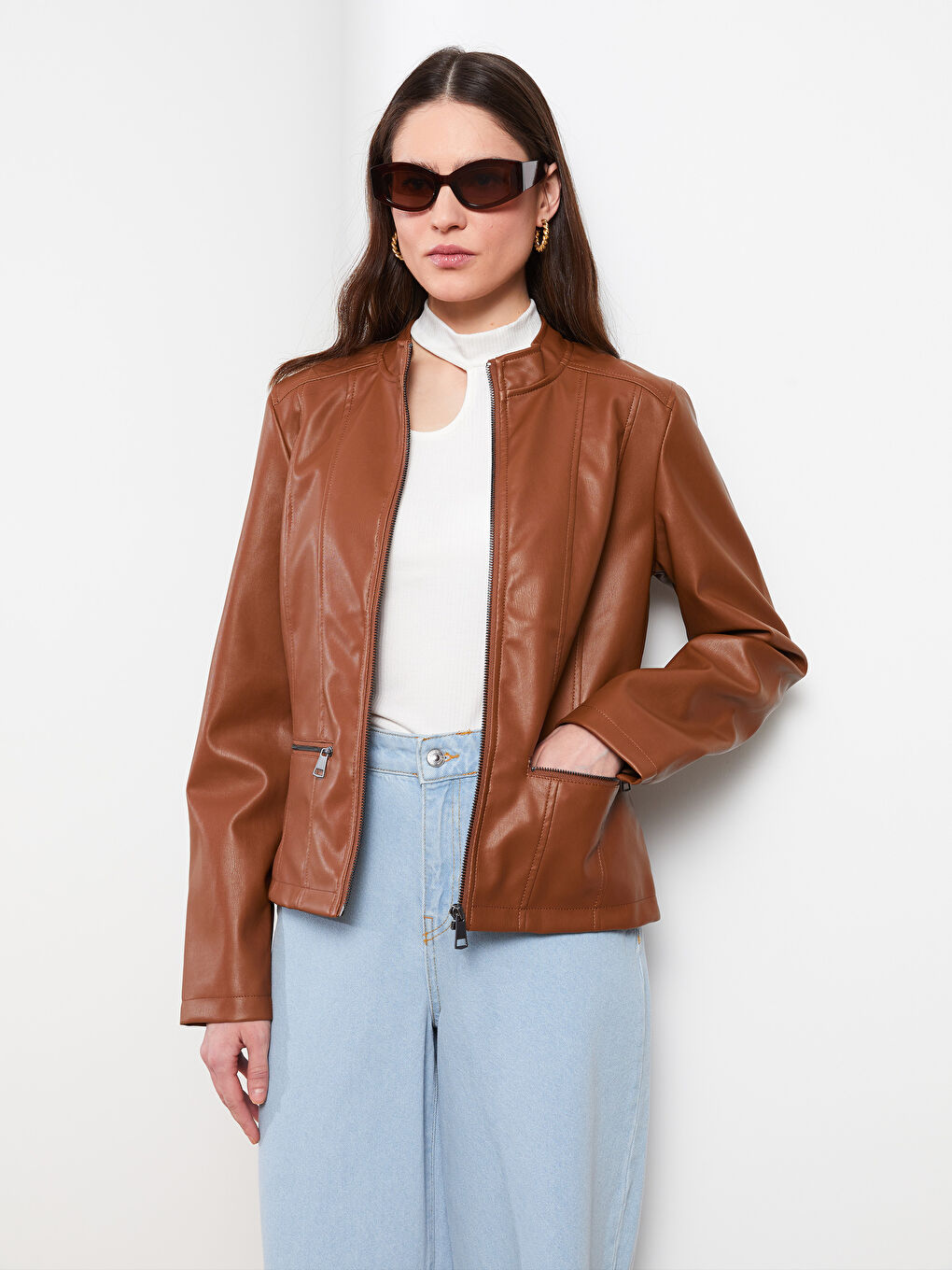 Funnel Neck Women's Faux Leather Coat-1