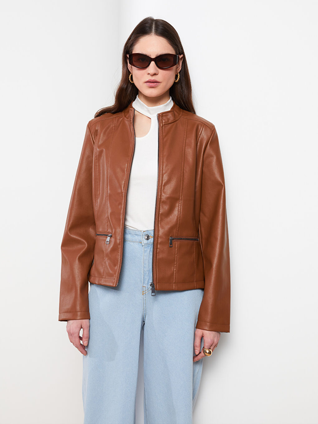 Funnel Neck Women's Faux Leather Coat-2