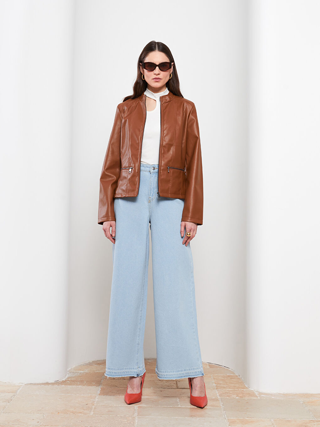 Funnel Neck Women's Faux Leather Coat-3