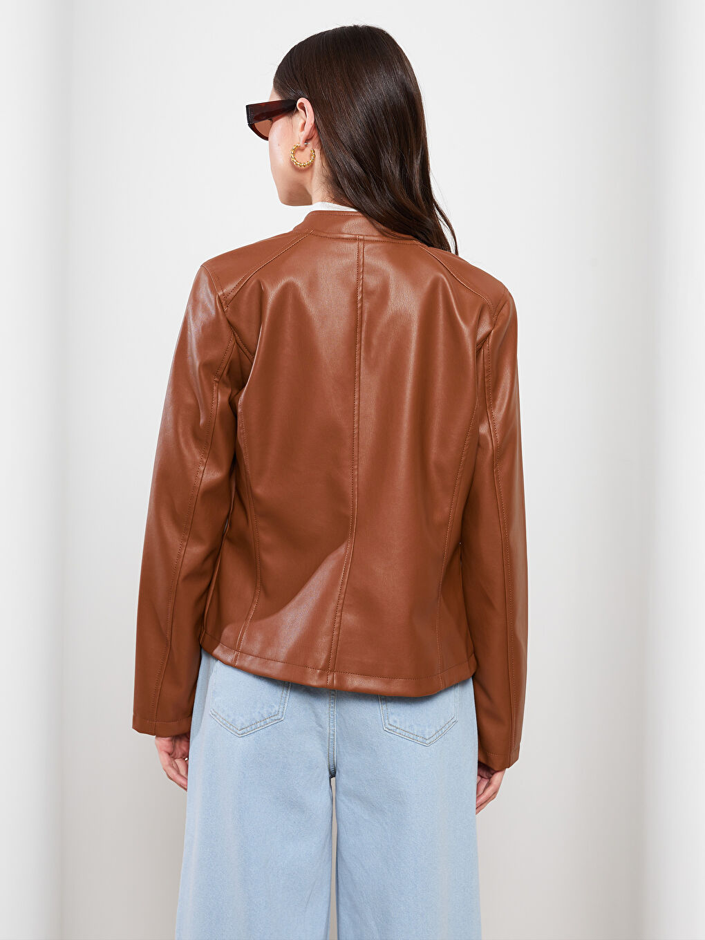 Funnel Neck Women's Faux Leather Coat-5