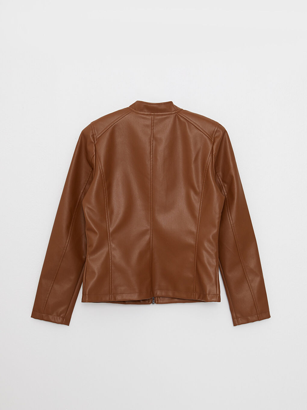 Funnel Neck Women's Faux Leather Coat-7