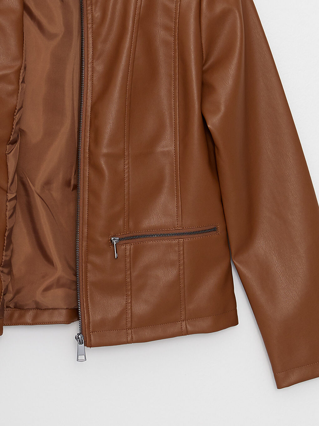 Funnel Neck Women's Faux Leather Coat-8