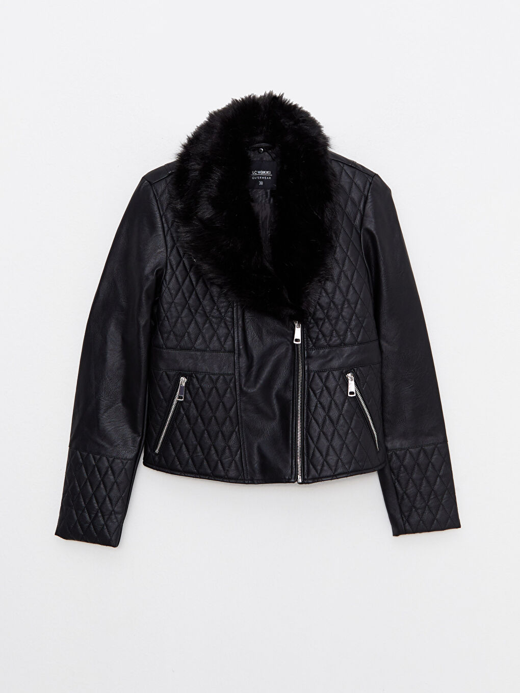 Siyah Ceket Yaka Kadın Deri Görünümlü Mont-6