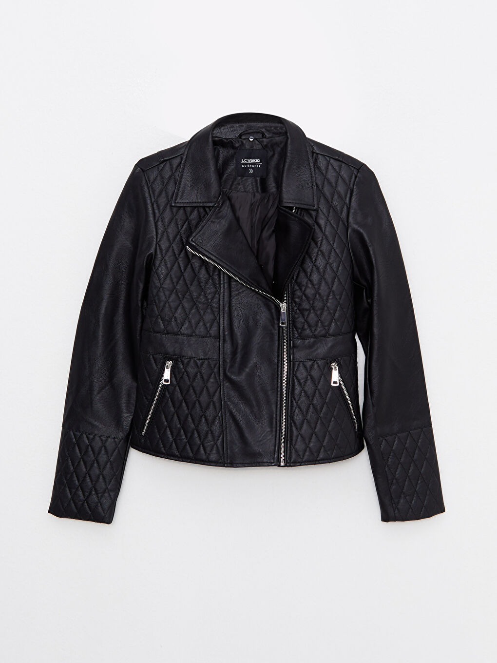 Siyah Ceket Yaka Kadın Deri Görünümlü Mont-7