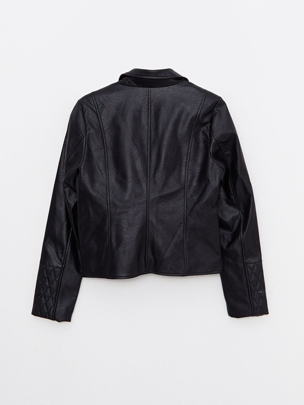 Siyah Ceket Yaka Kadın Deri Görünümlü Mont-8