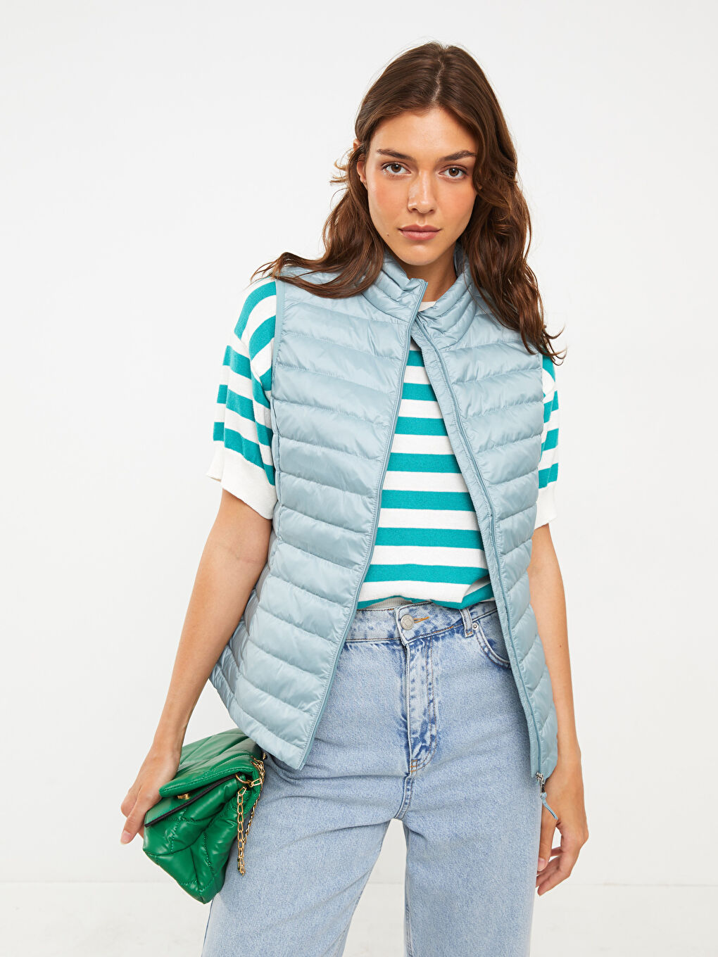 Women's Funnel Neck Plain Puffer Gilet-1