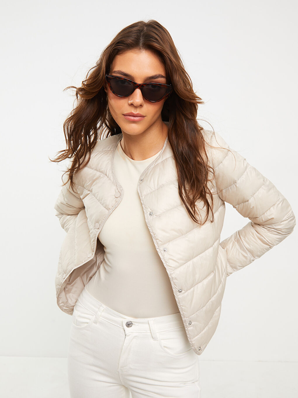 Manteau Duvet Femme à Col Rond, Coupe Droite, Manches Longues