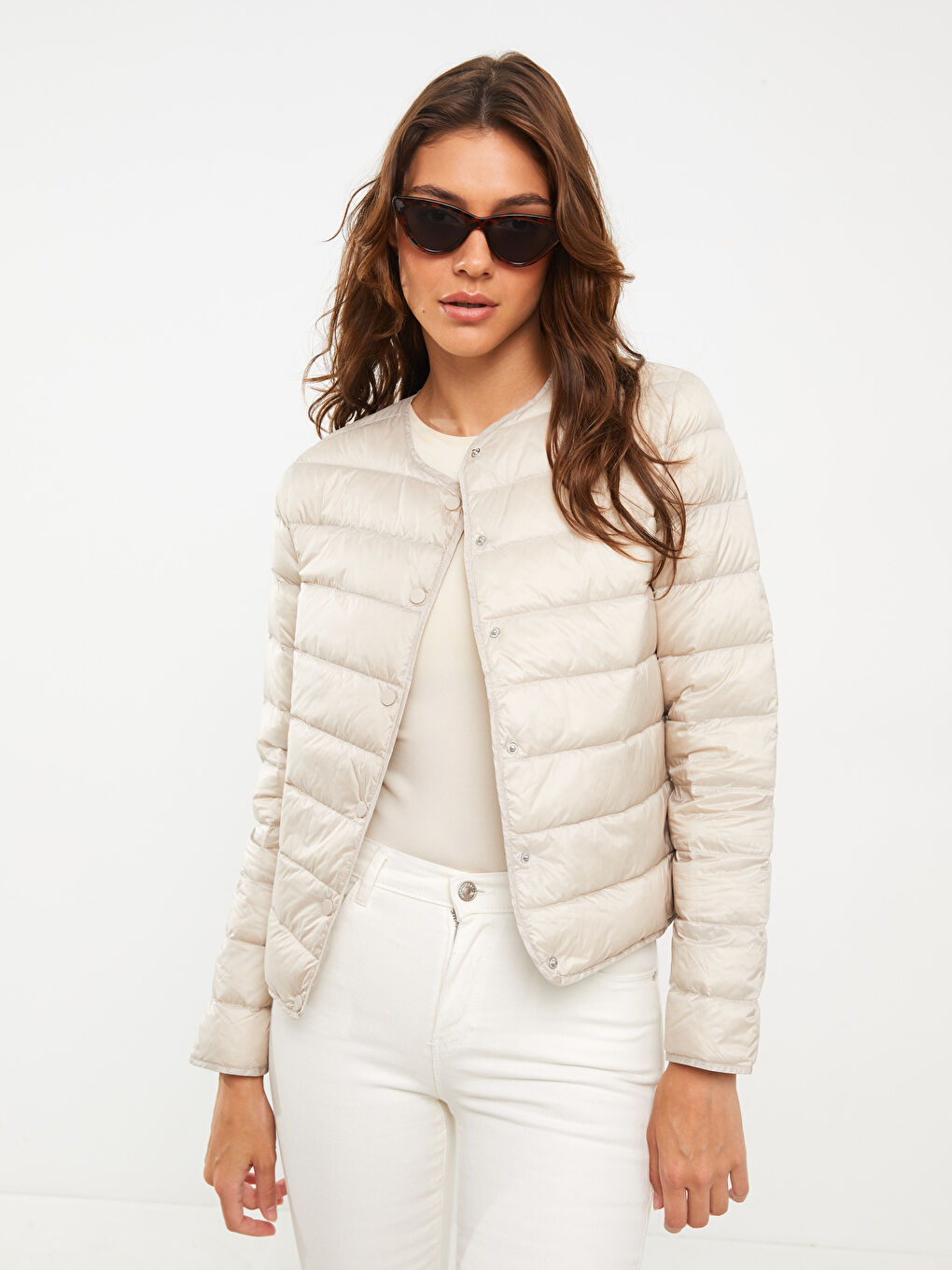 Manteau Duvet Femme à Col Rond, Coupe Droite, Manches Longues-1