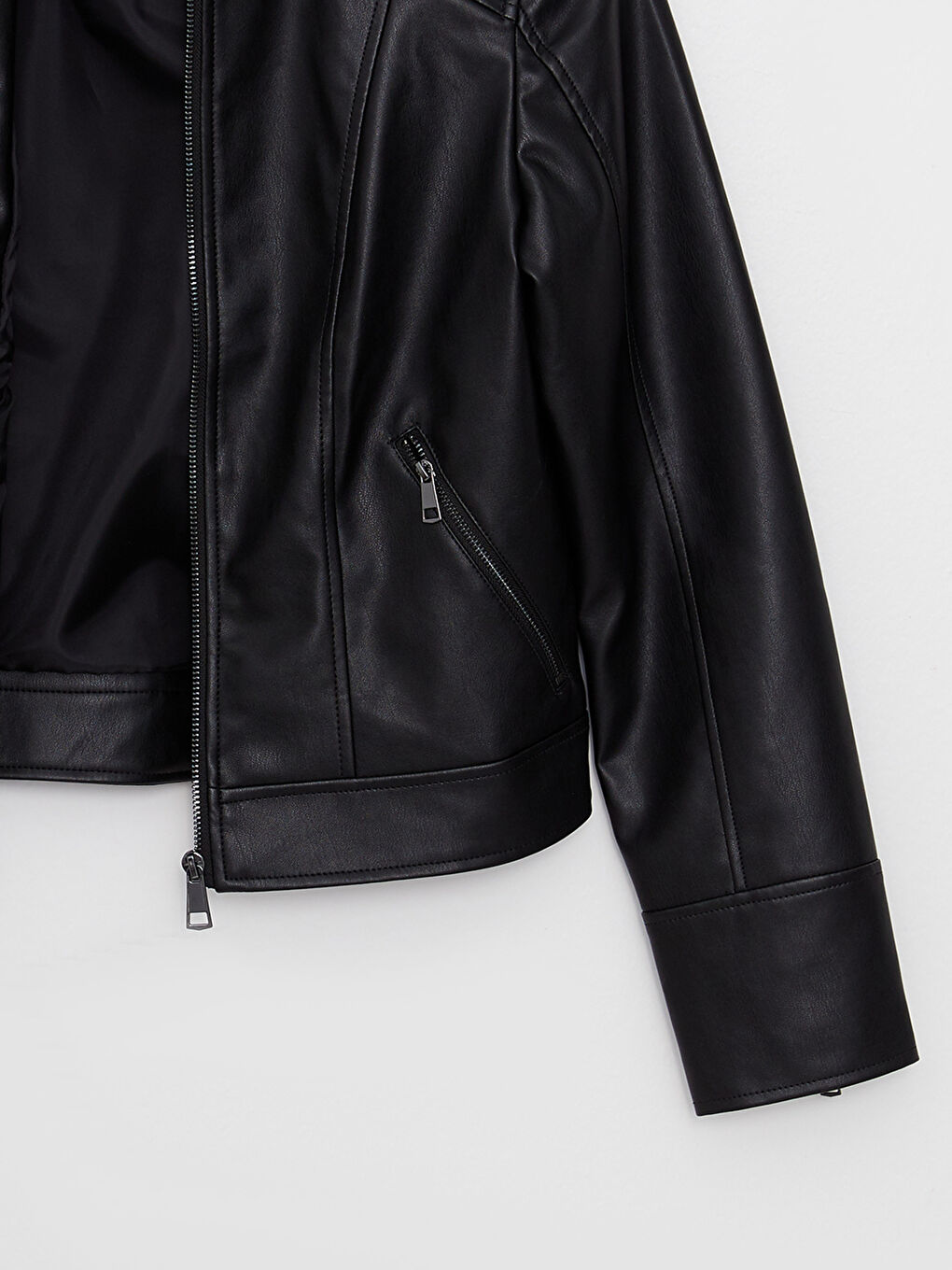 Veste en simili cuir à col rond, manches longues, coupe régulière pour femmes-8