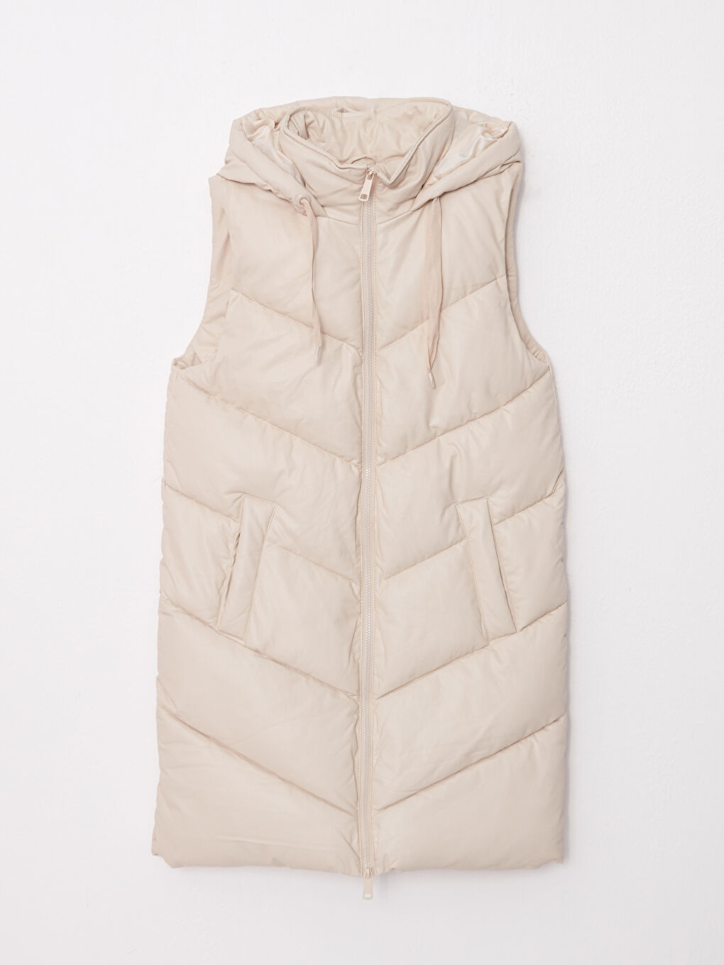 Bej Kapüşonlu Düz Deri Görünümlü Kadın Şişme Yelek-6