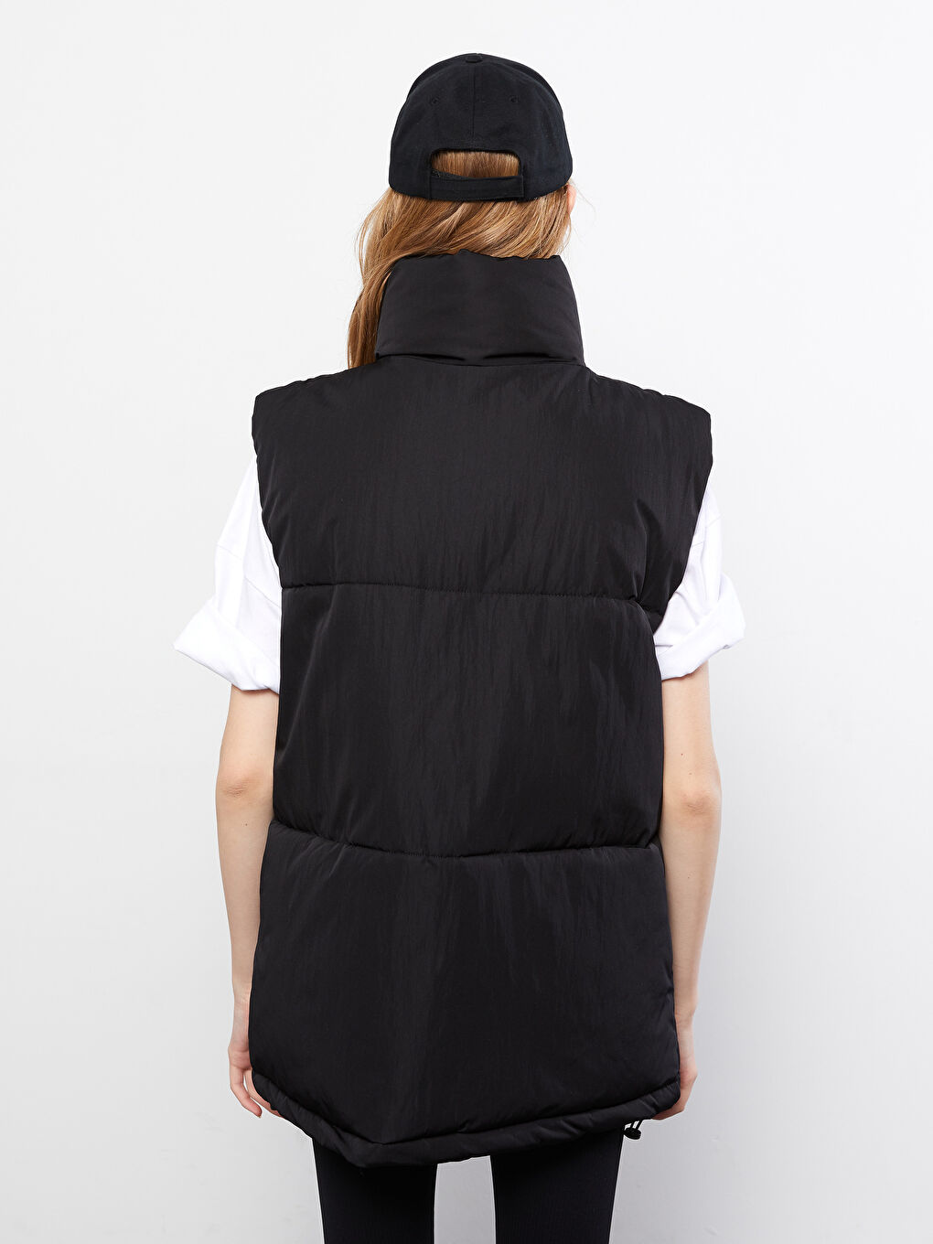 Women's Funnel Neck Plain Puffer Gilet-4