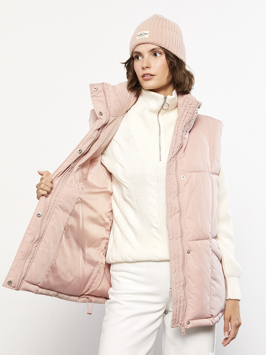 Women's Funnel Neck Plain Puffer Gilet-3