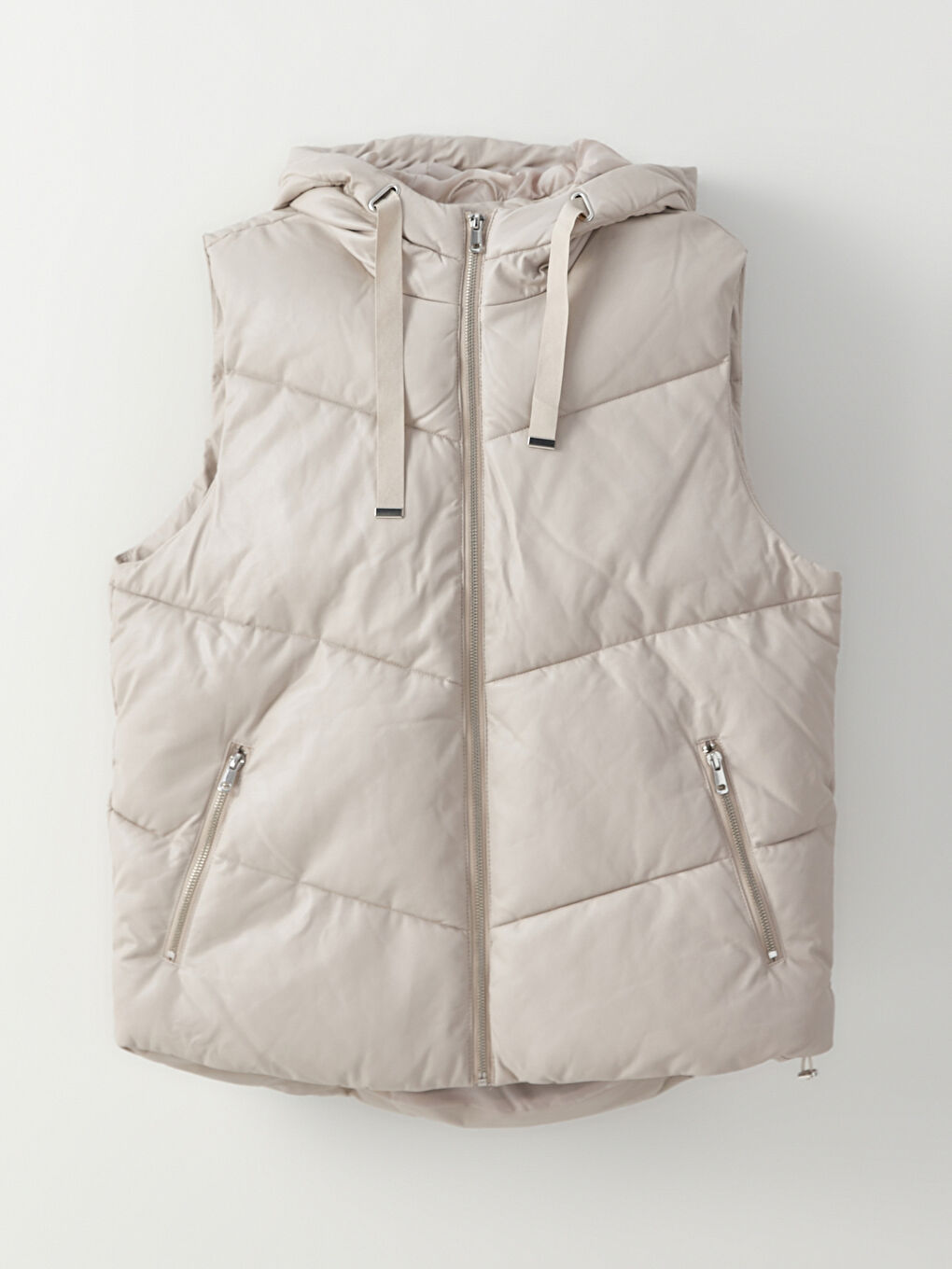 Ekru Kadın Kapüşonlu Düz Şişme Yelek-6