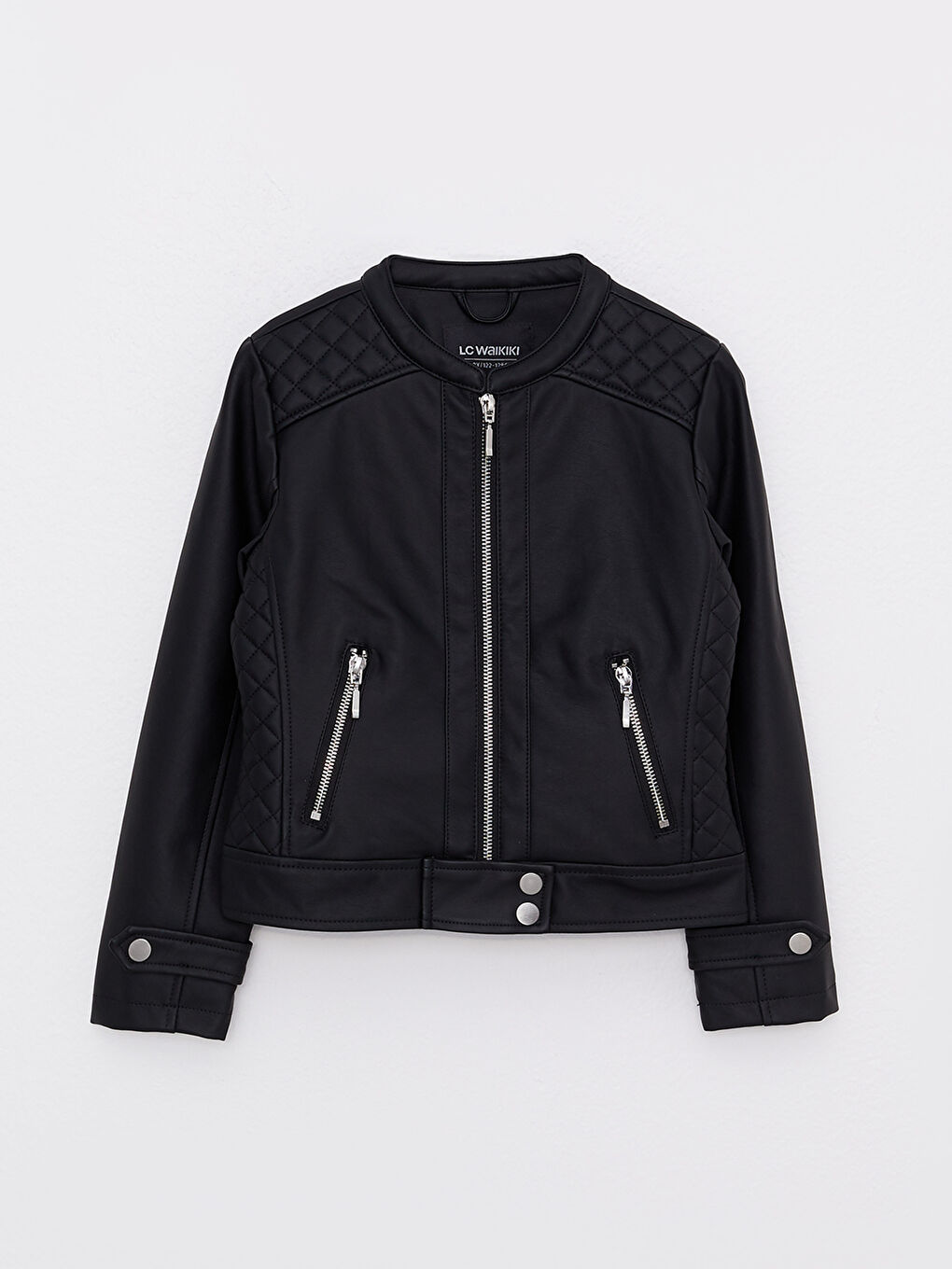 Crew Neck Long Sleeve Girl Faux Leather Jacket