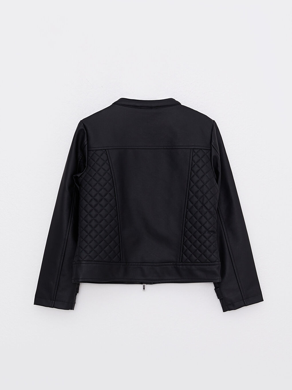 Crew Neck Long Sleeve Girl Faux Leather Jacket-1