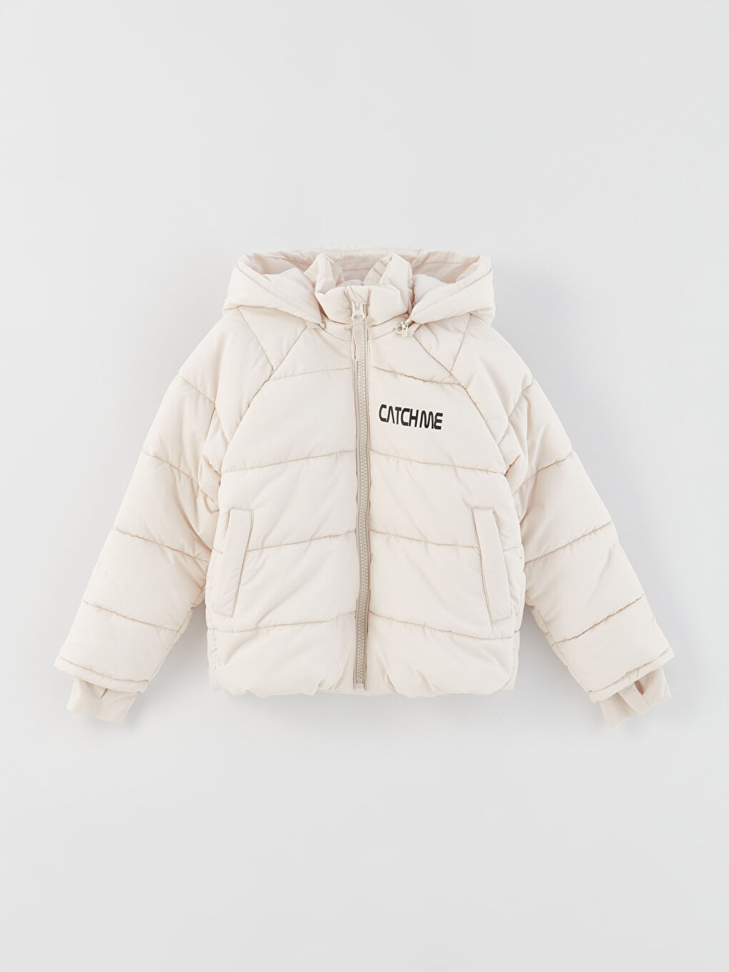 Пуховик для девочки с капюшоном и принтом