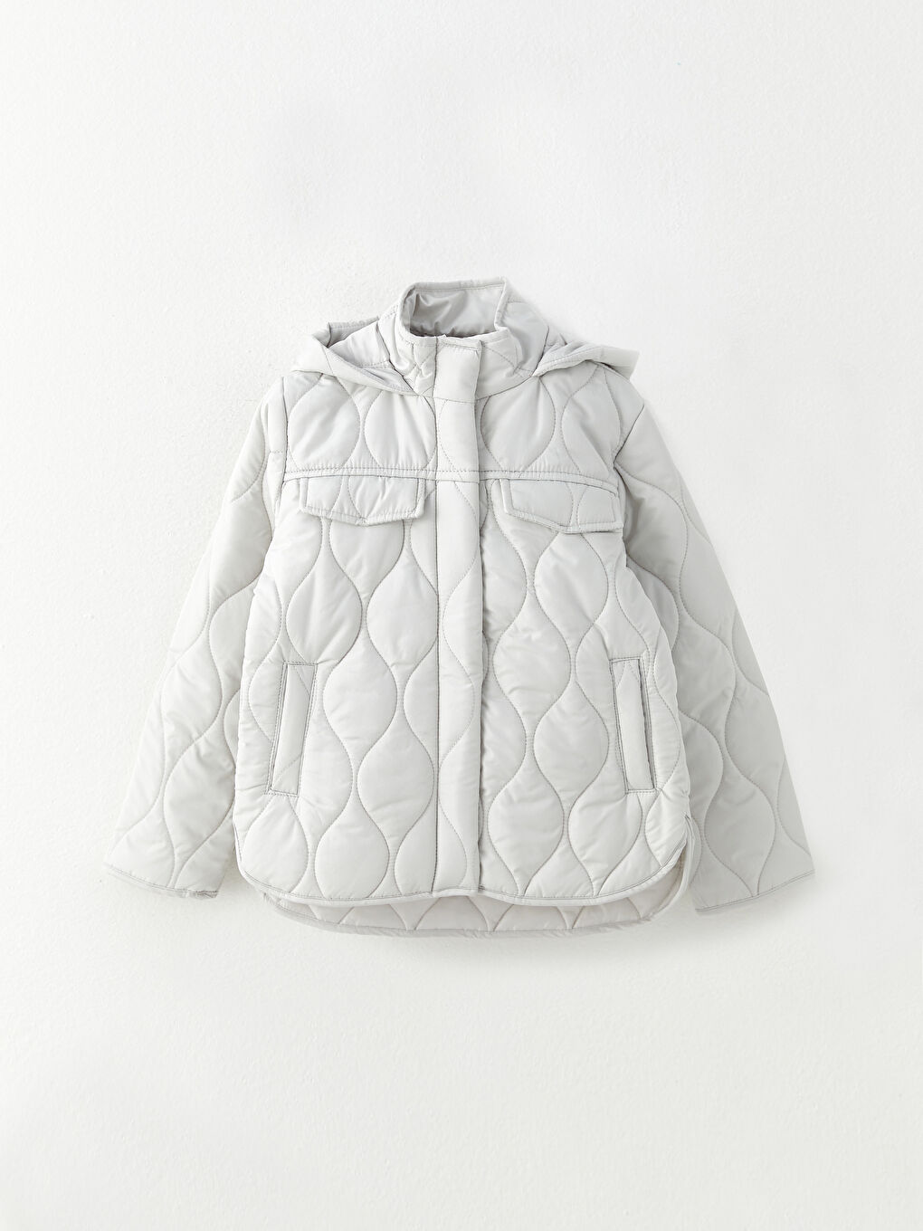 Gri Kapüşonlu Kapitone Desenli Kız Çocuk Mont