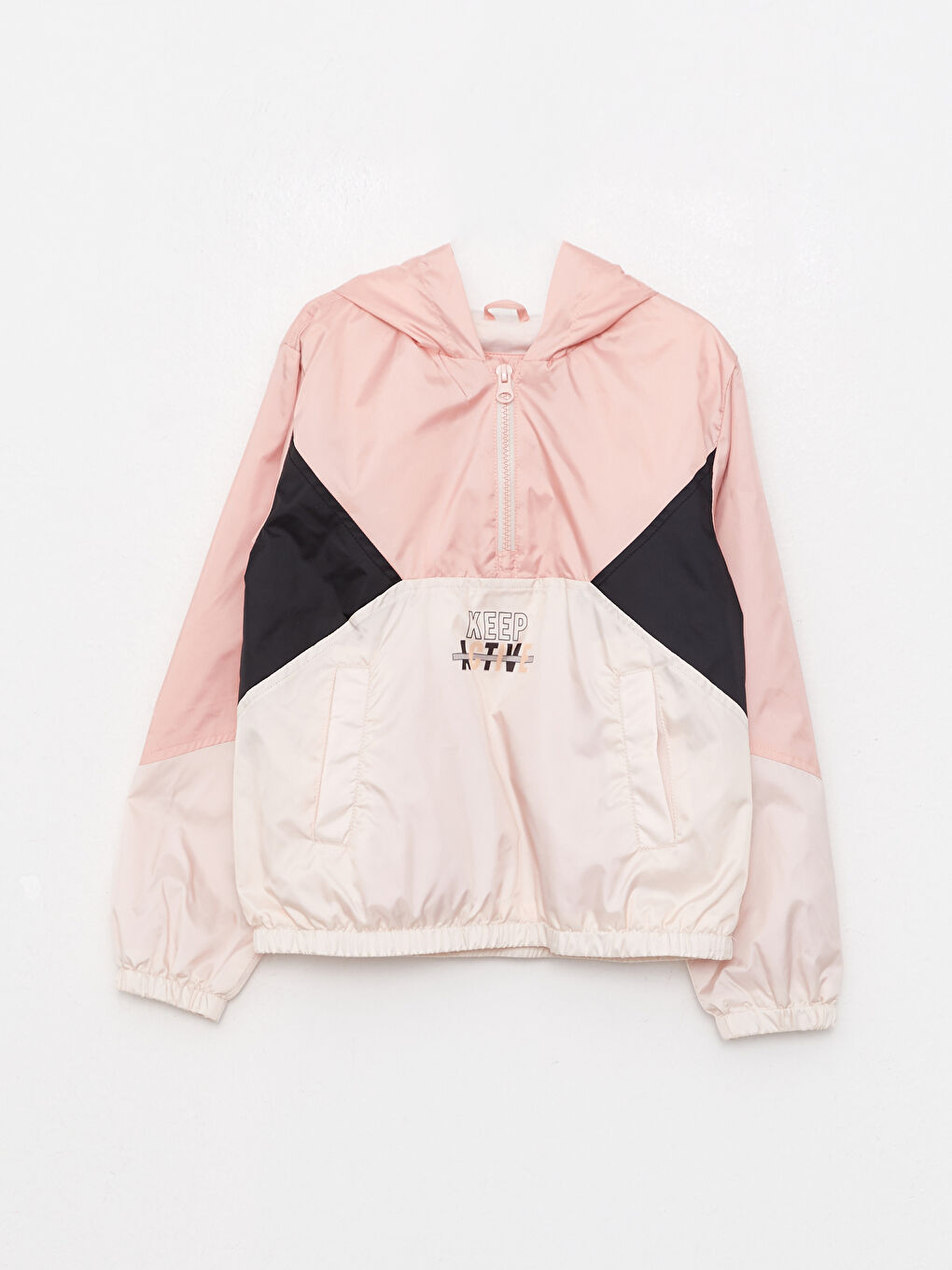 Pembe Kapüşonlu Renk Bloklu Kız Çocuk Kanguru Mont